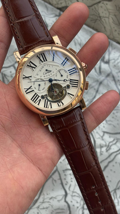 Cartier Automatic White Dial Leather Belt Watch For Men